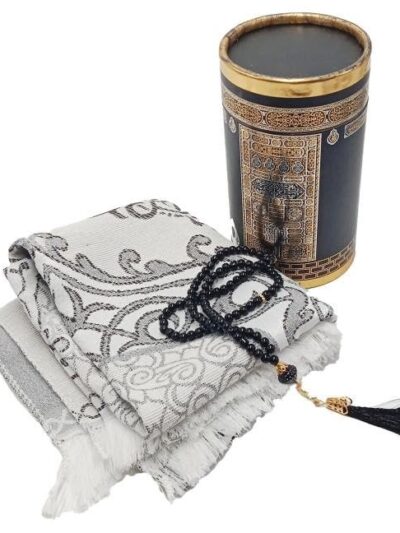 Kaaba Design Gift Boxed Portable Prayer Rug and Islamic Beads Elegant Gift Pack | Islamic Gifts (Black)
