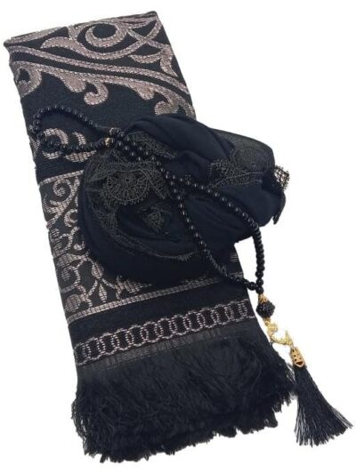 Muslim Prayer Rug + Pearl Tasbeeh Beads and Scarf -Islamic Gift Set (7×11) Inch (BLACK)